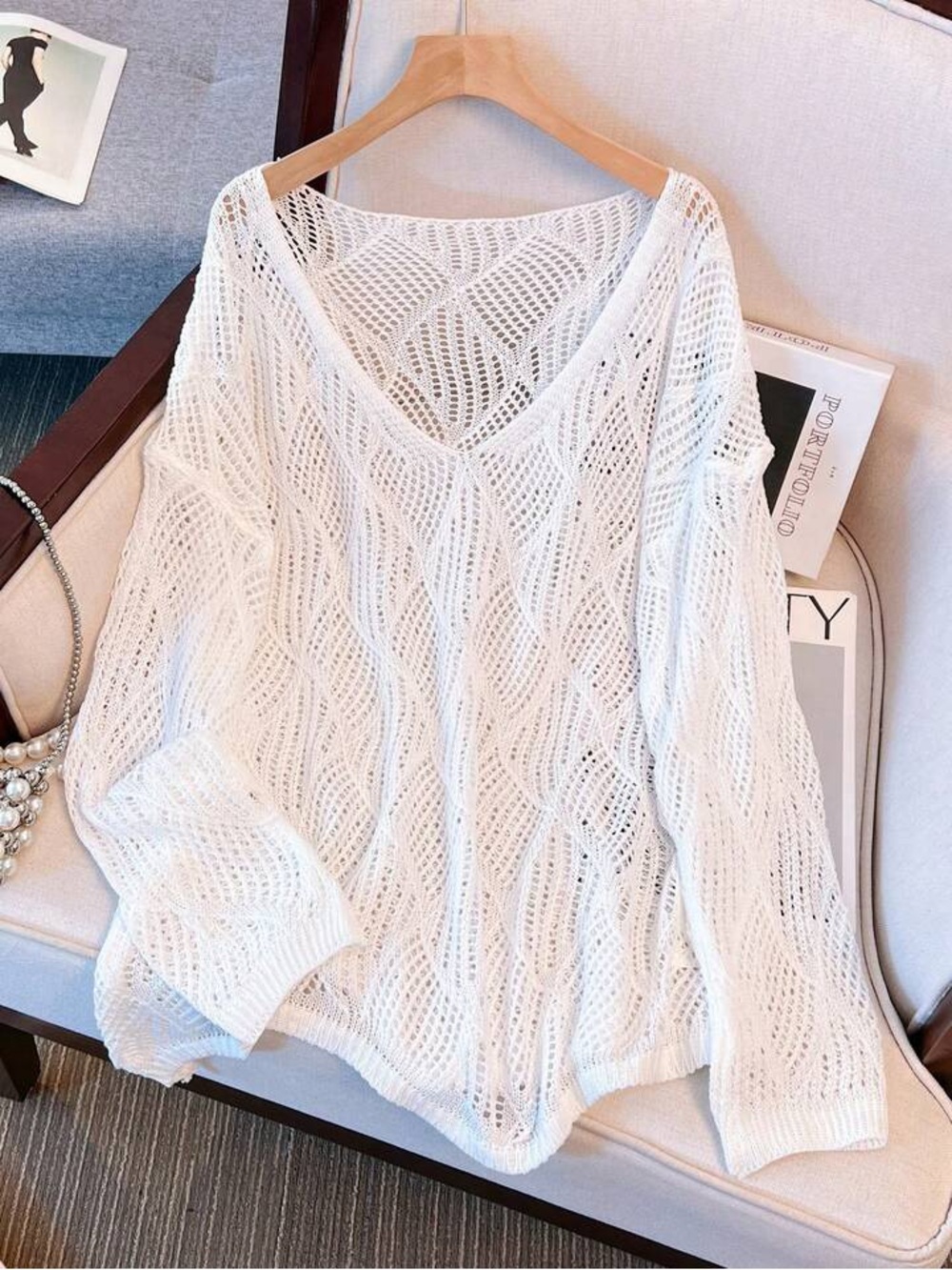 SHEIN White Open-Knit V-Neck Swim Coverup